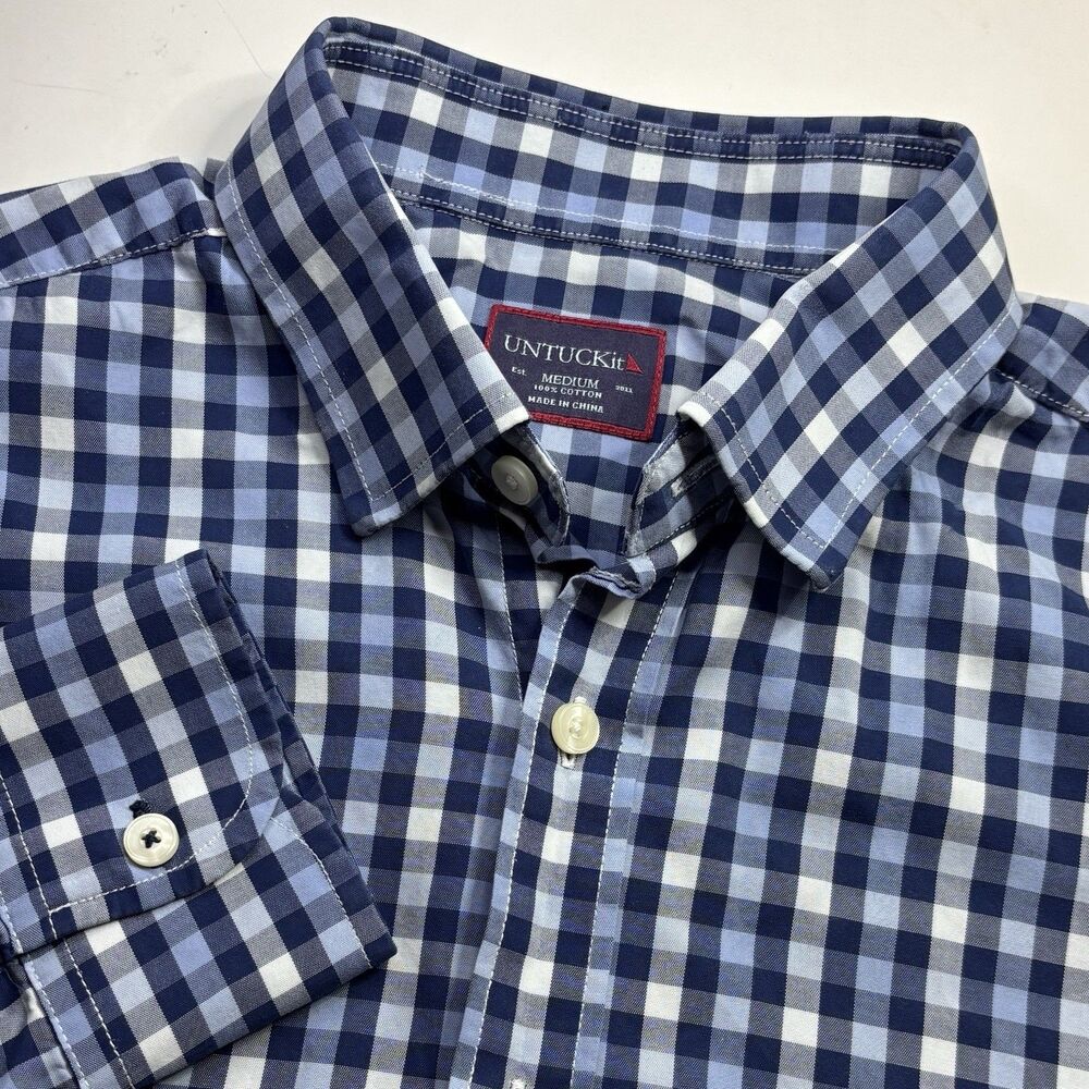 UNTUCKit Artezin Men's M White Blue Gingham Check Long Sleeve‎ Button Down Shirt